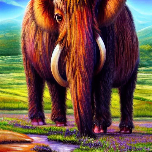 Prompt: colorful cute baby wooly mammoth full body on prehistoric landscape detailed oil painting 4k