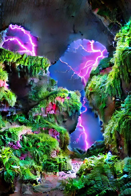 Prompt: inside of a cave with a hyper - realistic bright coloured natural flowers and ferns : 4, overlooking a endless plain with pink lightning clouds : 1, highly symmetrical, balanced, lightning clouds : 6, octane render, in the style of sahm : 8 hd, 4 k, ultra - realistic, in unreal engine