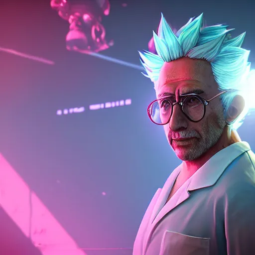 Image similar to portrait of old shaved rick sanchez, lab coat and tee shirt, lens flare, atmosphere, glow, detailed, intricate, full of colour, cinematic lighting, trending on artstation, 4 k, hyperrealistic, focused, extreme details, unreal engine 5, cinematic, masterpiece