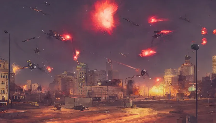 Image similar to warsaw downtown, soldiers and mech fight, simon stalenhag, 4 k, ultra detailed, explosions and smoke