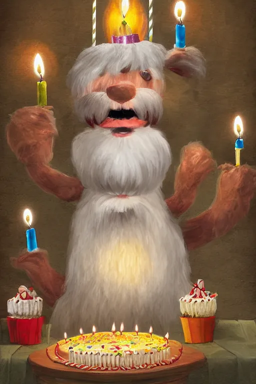 Image similar to a billy goat with a white beard, sitting in front of a birthday cake with many lit candles, by ben von strawn, highly detailed digital art