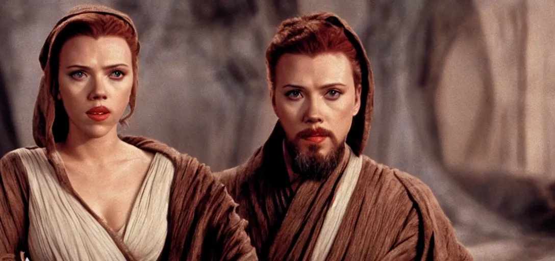 Image similar to a still of Scarlett Johansson as obiwan kenobi on tatooin in Star Wars (1977)