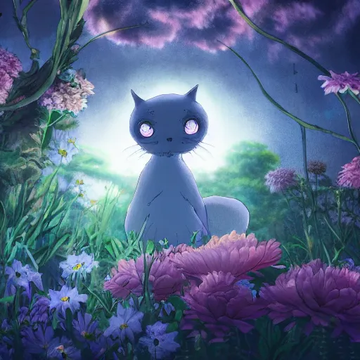 Prompt: detailed spirit creature with eyes in the flowers at night made by studio ghibli, beautiful scene, detailed, high quality, high details, smooth, ghibli artstyle, 8 k, detailed creature, detailed head