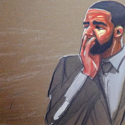 Prompt: courtroom sketch of Drake crying