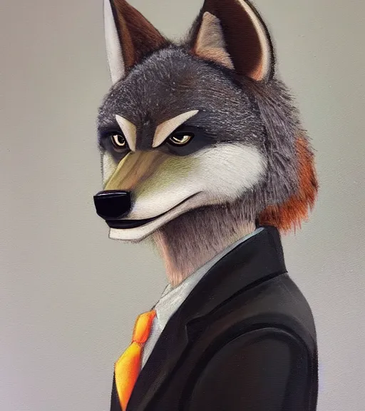 Prompt: oil painting bust of anthromorphic female wolf, in style of zootopia, zootopia, zootopia, fursona, furry, furaffinity, 4 k, deviantart, furry art, fursona art, wearing black business suit, business suit, in style of zootopia, wolf fursona, cyberpunk, female, expressive detailed feminine face,