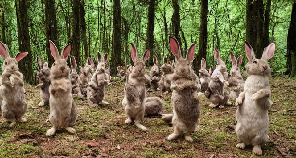 Image similar to shamanic ritual, A group of rabbits performing a shamanic ritual in a forest