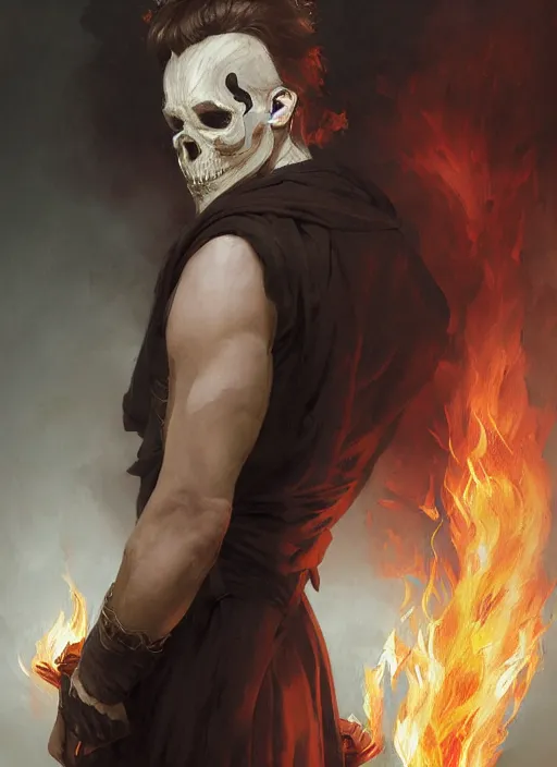 Image similar to character concept portrait of an attractive young angry Spanish wizard with pale white skin and wearing parital skull mask while enchanting a flaming seduction spell, a floating burning spell book in the center, intricate, elegant, digital painting, concept art, smooth, sharp focus, illustration, from Metal Gear, by Ruan Jia and Mandy Jurgens and William-Adolphe Bouguereau, Artgerm