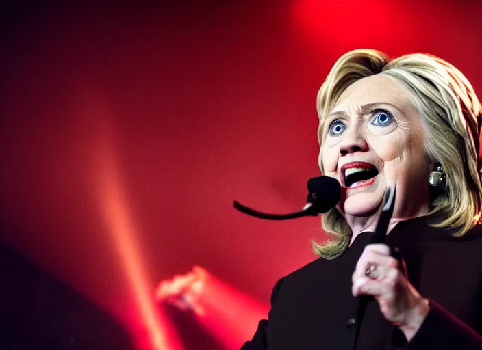 Image similar to publicity photo still of hillary clinton in a death metal band playing live on stage, 8 k, live concert lighting, mid shot