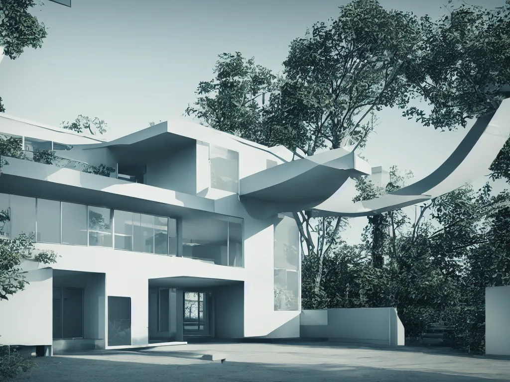 Image similar to futuristic bauhaus house concept, 3 d render, octane renderer, raytracing, 8 k resolution, rim light, hyperrealistic, photorealistic, high definition, highly detailed, tehnicolor, architecture photography, masterpiece