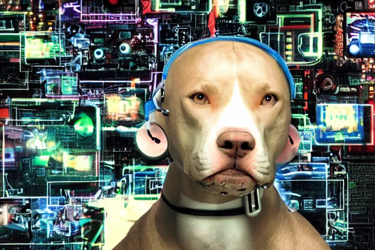 Image similar to cyborg - pitbull, surrounded by screens, in 2 0 0 1, y 2 k cybercore, industrial low - light photography, still from a ridley scott movie