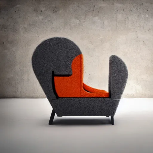 Image similar to an armchair in the shape of an elephant with grey and orange accents designed by antony gormley, advertising photography