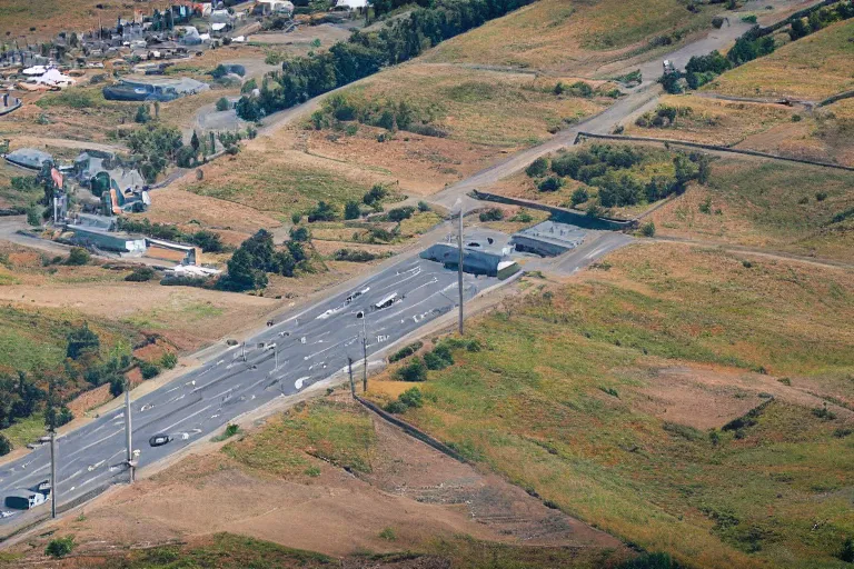 Image similar to a centered road next to warehouses, and a tree hill background with a radio tower on top, 3 0 0 mm telephoto lens