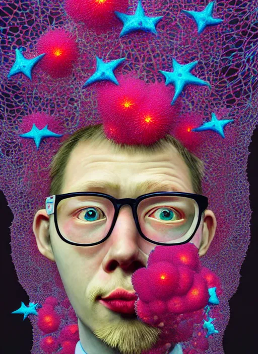 Image similar to hyper detailed 3d render like a Oil painting - kawaii portrait of Hank Green in Aurora (Singer) seen Eating of the Strangling network of yellowcake aerochrome and milky Fruit and Her delicate Hands hold of gossamer polyp blossoms bring iridescent fungal flowers whose spores black the foolish stars by Jacek Yerka, Mariusz Lewandowski, Houdini algorithmic generative render, Abstract brush strokes, Masterpiece, Edward Hopper and James Gilleard, Zdzislaw Beksinski, Wolfgang Lettl, hints of Yayoi Kasuma, octane render, 8k