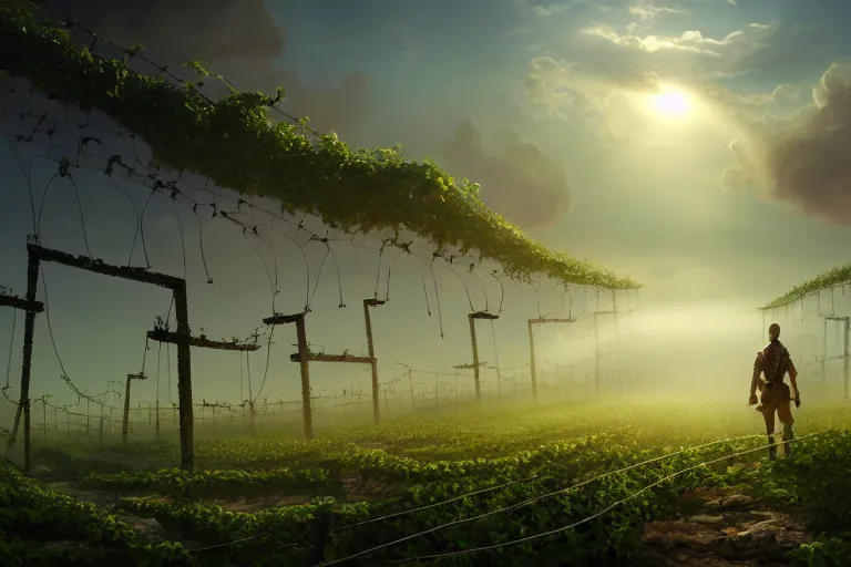 Image similar to a walking ancient city mounted on mechanical legs, vines, pilar, hyperrealistic, highly detailed, cinematic, single ray of sun, fog, beautiful, cgssociety, artstation, 8 k, oil painting