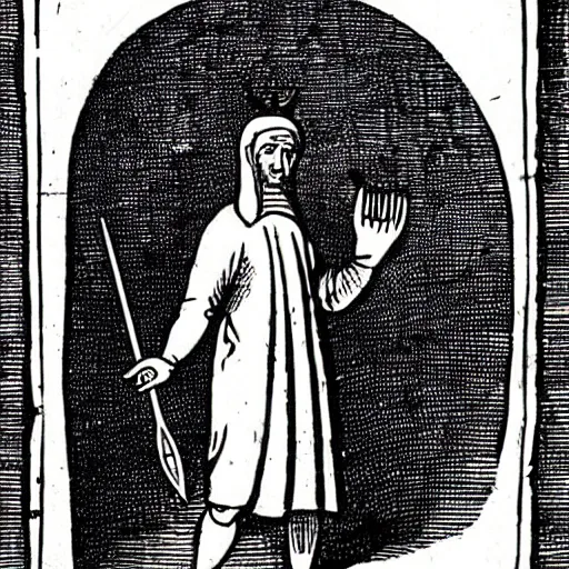 Image similar to a 1 8 th century illustration of a medieval peasant holding a large blue trident above his head.