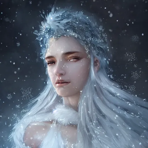 Prompt: a beautiful portrait of an winter goddess with ice hair by Greg Rutkowski and Raymond Swanland, snowflakes falling, Trending on Artstation, ultra realistic digital art