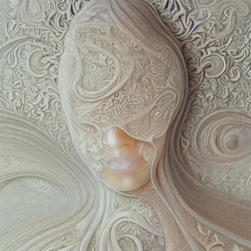 Image similar to opalescent marble portrait, up close, shallow depth of field, warm, masterpiece, ivory carving, fractal paisley inlay, lace, intricate, elegant, highly detailed, artgerm, matte painting, trending on artstation, lace, by ruan jia and greg rutkowski