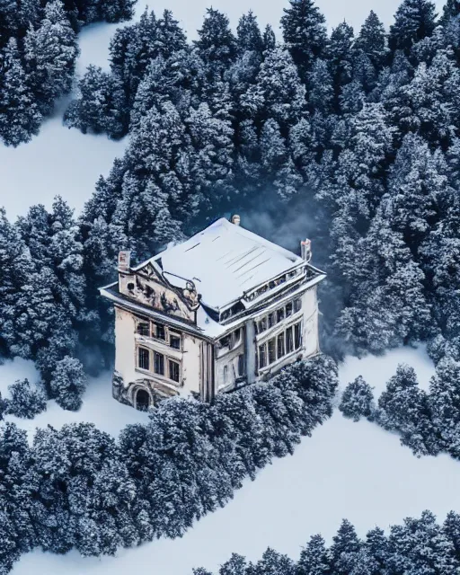 Image similar to hidden mansion in the alps with snow covered roof that was recently set on fire, zoomed out, shot from drone, iphone capture