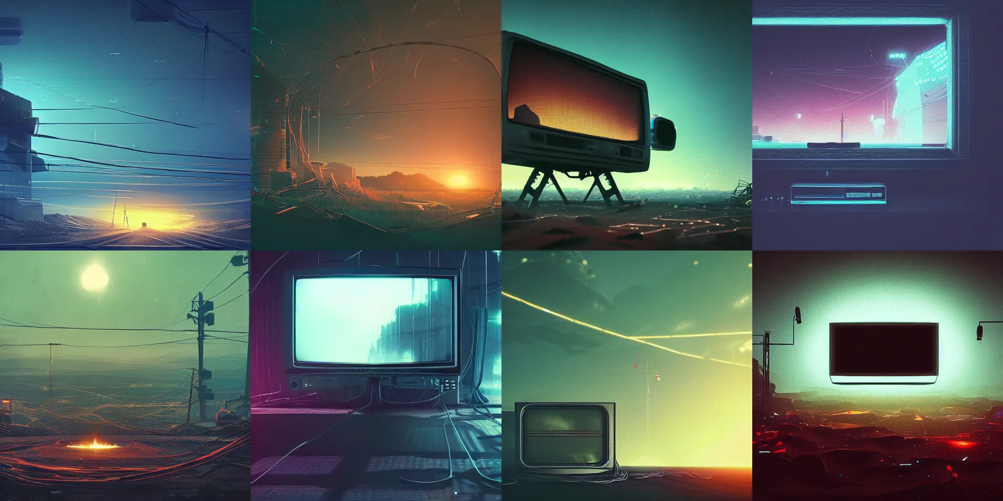 Image similar to beautiful dark landscape, giant broken old television, cables, in the style of beeple and Mike Winkelmann, intricate, epic lighting, cinematic composition, hyper realistic, 8k resolution,
