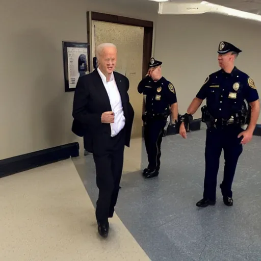 Prompt: biden arrested by himself dressed as a cop, realistic photography