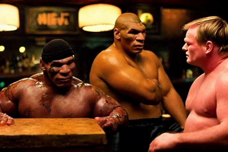 Prompt: a giant toad and mike tyson sitting in a bar, movie directed by martin scorsese and christopher nolan, masterpiece, 8 h