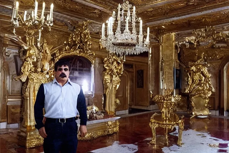 Prompt: el chapo standing in the middle of a grandiose mexican mansion. everything is made out of gold. el chapo is sipping on wine. the mansion is incredible and ornate. chapo has a clockwork chain.