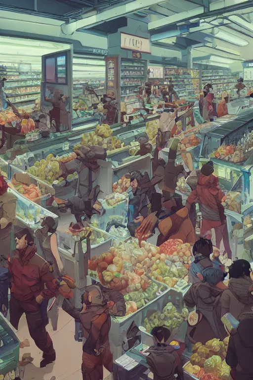 Image similar to inside a crowded dystopian supermarket behance hd artstation by jesper ejsing, by rhads, makoto shinkai and lois van baarle, ilya kuvshinov, ossdraws, that looks like it is from borderlands and by feng zhu and loish and laurie greasley, victo ngai, andreas rocha