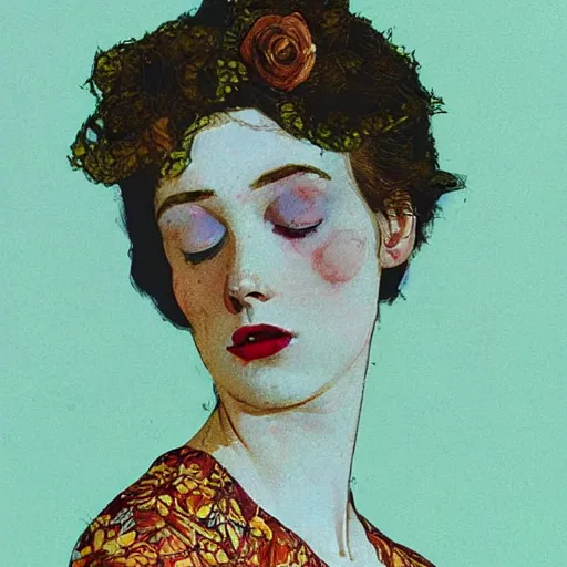 Image similar to a lot of flowers morphing in a beautiful girls face, film still by wes anderson, depicted by schiele, limited color palette, very intricate, art nouveau, highly detailed, lights by hopper, soft pastel colors, minimalist