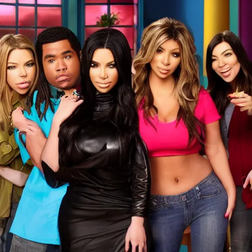 Image similar to Icarly with kim kardashian as Carly, 8k full HD photo, cinematic lighting, anatomically correct, oscar award winning, action filled, correct eye placement,