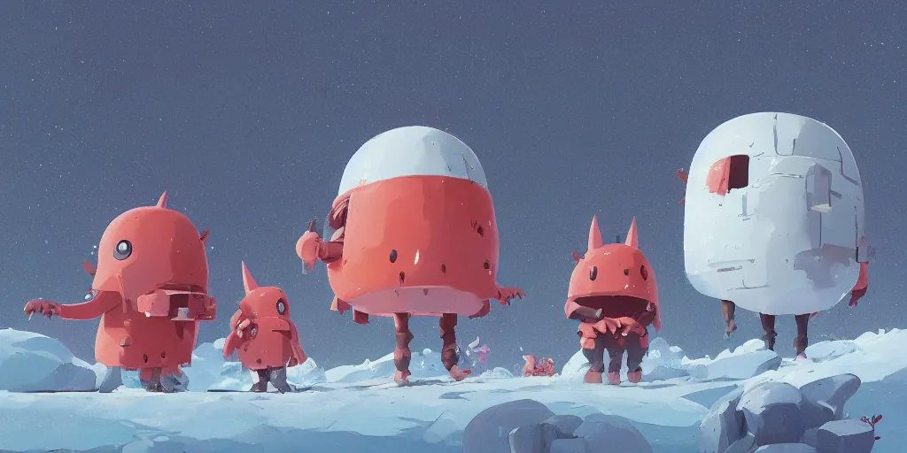 Prompt: cute anime monsters in front of an igloo by Goro Fujita and Simon Stalenhag , 8k, trending on artstation, hyper detailed, cinematic