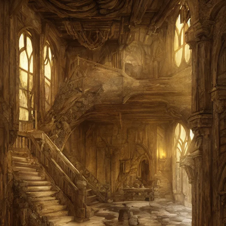 Prompt: a detailed painting of a medieval hall with wooden walls, big marble statue and staircase to the second floor. fantasy poster. lord of the rings style. cinematic fantasy scene. fantasy. carl spitzweg. renaissance elements. renaissance element. oil painting. award winning. trending on artstation. 8 k