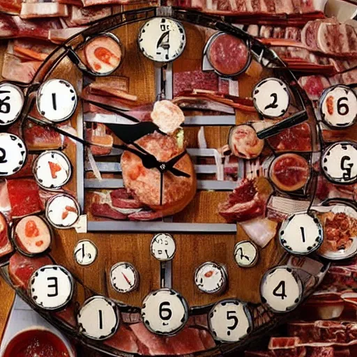 Prompt: “a large mechanical clock made out of deli meats”