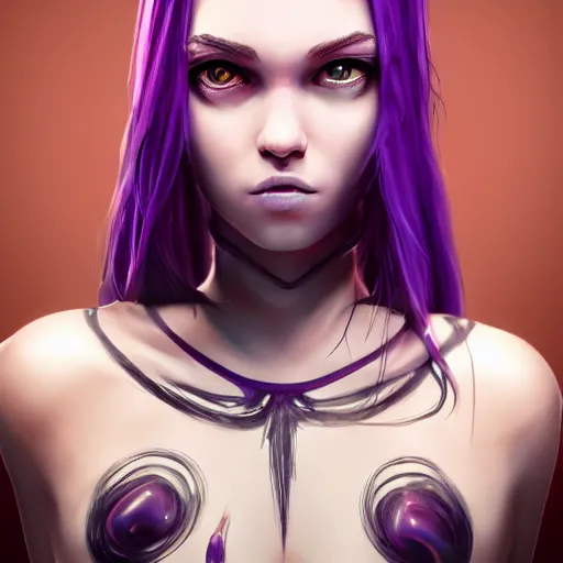 Image similar to artstation young teen with purple eyes and very thin purple tentacles on her head, furious, very detailed, portrait, high contrast, unreal engine 5