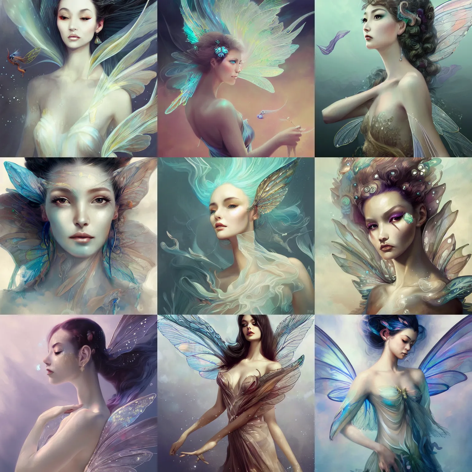 Prompt: prompt portrait of a close up beautiful female fairy, translucent silky dress, fluid simulation, underwater ink env, wispy gigantic wings , hyperrealistic intricate details, asian face, by Peter Mohrbacher, trending on artstation