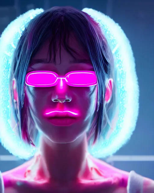 Prompt: portrait of a neon raver girl in a butchery, confused expression, cgsociety, detailed, unreal engine, textured, cinematic, character design