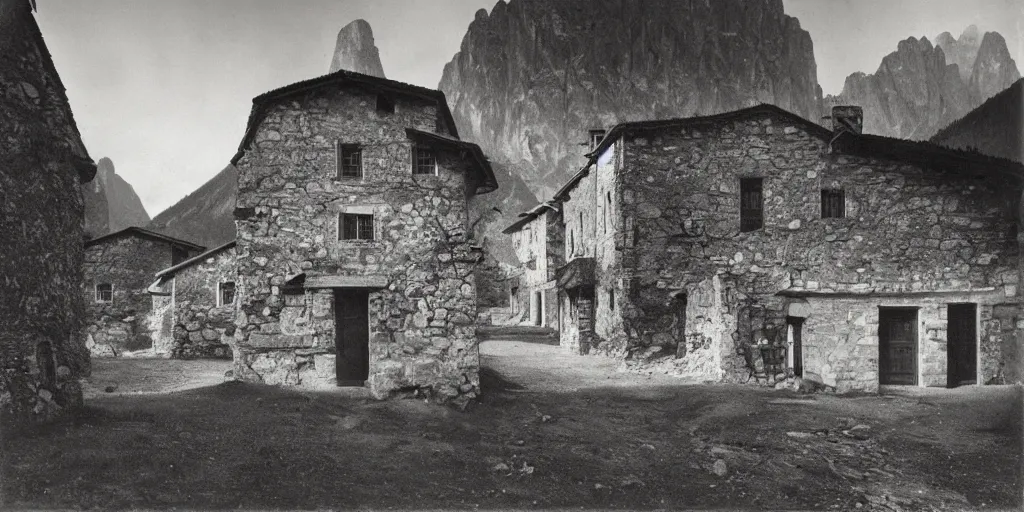 Prompt: 1920s photography of an isolated old village with ghostly wood buildings in the dolomites