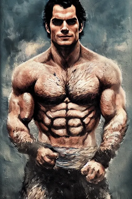 Prompt: henry cavill with a hairy shredded body type painting by akira toriyama and greg rutkowski, trending on cgsociety