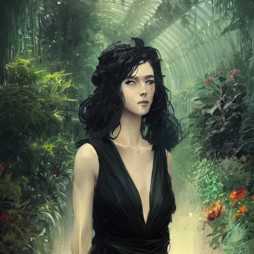 Image similar to portrait of a woman in a black dress standing in an elegant greenhouse garden, dramatic lighting, illustration by greg rutkowski, yoji shinkawa, 4 k, digital art, concept art, trending on artstation