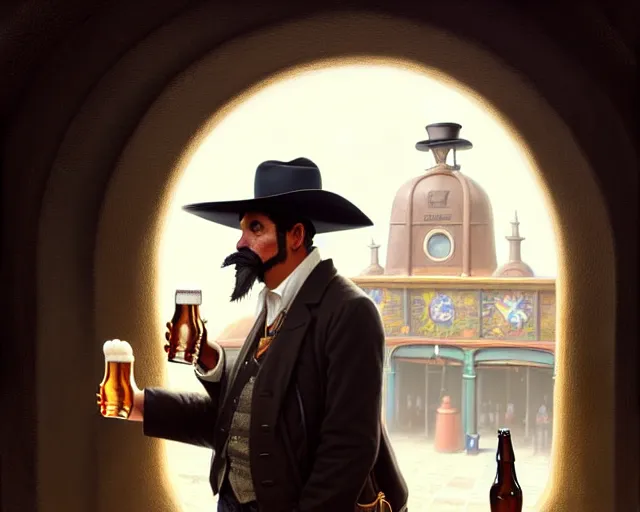 Image similar to a mexican man with hat drinking a beer on train station, fantasy, intricate, elegant, highly detailed, digital painting, artstation, concept art, matte, sharp focus, illustration, art by aenaluck and roberto ferri and greg rutkowski, epic