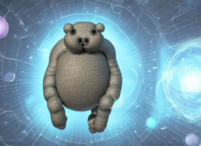 Image similar to tardigrade virtual pet, cute cgi render, made of simple spheres and cylinders, vintage computer graphics