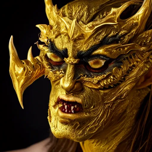 Image similar to a demon inspired by gold created by the make up artist hungry, photographed by andrew thomas huang, cinematic, expensive visual effects