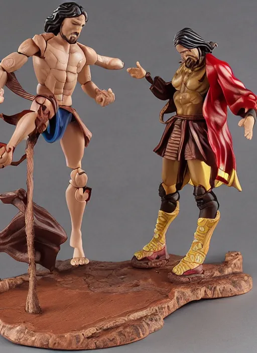 Image similar to Jesus vs the Devil in the flying sandals of salvation action figures toy pack