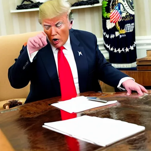 Image similar to a shocking, candid photo reveals a donald trump, smoking crack in the white house oval office.