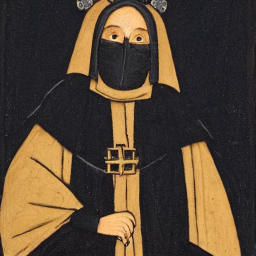 Prompt: a medieval priest in a black fur cloak with a wooden mask