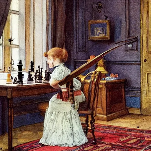 Image similar to a young edwardian woman playing chess against a rabbit in a beautiful victorian living room, in the style of Carl Larsson