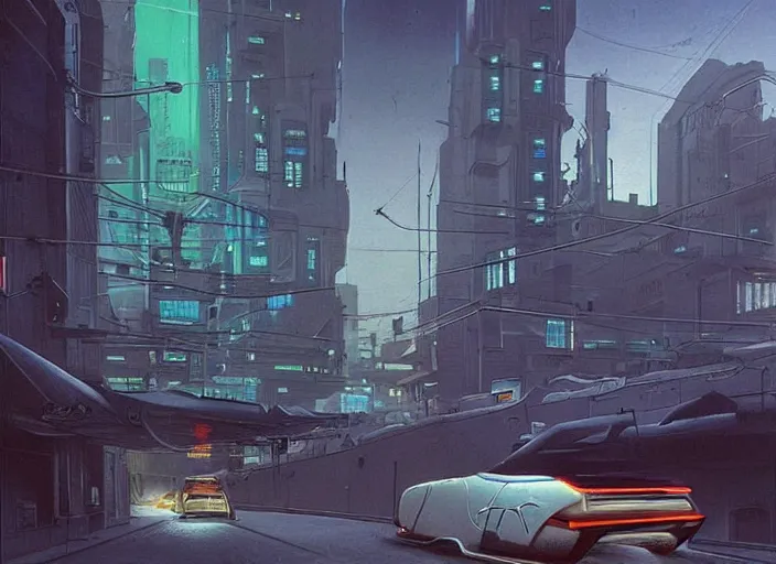 Image similar to a car bu driving down a street next to small buildings the night, cyberpunk art by Chesley Bonestell, cgsociety, retrofuturism, matte painting, reimagined by industrial light and magic