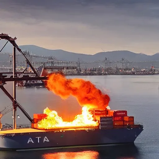 Prompt: Port of Vancouver, gantry lifting a container on fire, hyper realistic, futuristic