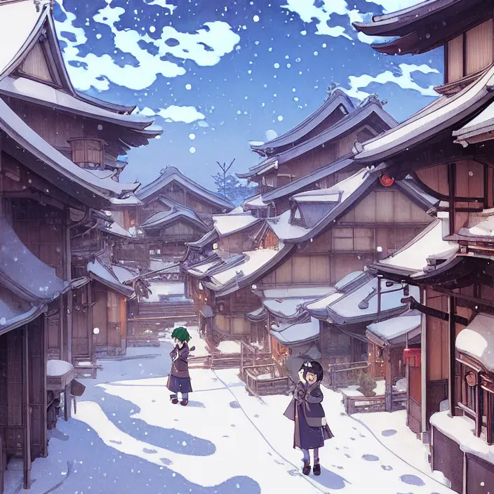 Image similar to japanese rural town, winter, in the style of studio ghibli, j. c. leyendecker, greg rutkowski, artem