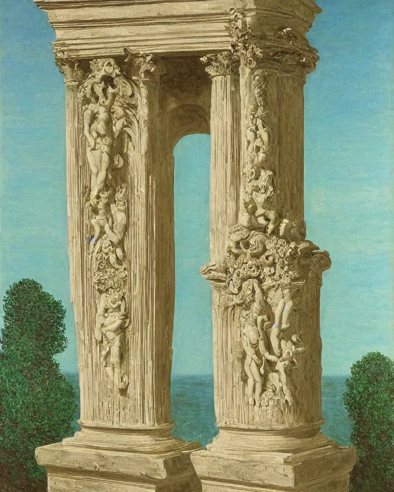 Image similar to achingly beautiful painting of intricate ancient roman corinthian capital on jade background by rene magritte, monet, and turner. giovanni battista piranesi.