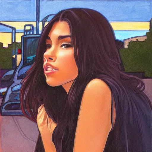 Image similar to Madison Beer drinking beer in the parking lot, realistic, sunset 😂😂😂☺️☺️☺️, in the style of Artgerm and Alphonse Mucha